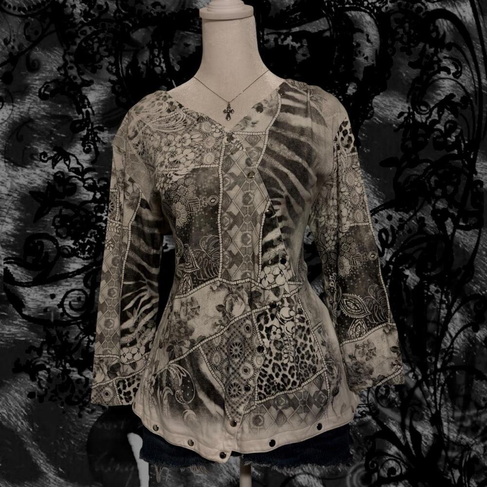 mixed florals animal motifs geometric panels whimsical b&w boho whimsigoth top
